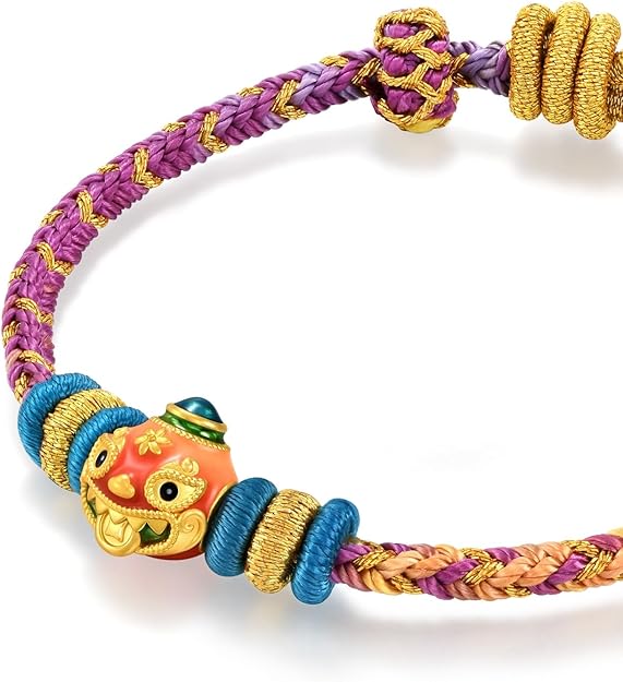 CHOW SANG SANG 999 24K Solid Gold Cultural Blessing Auspicious Myth Money-Swallowing Beast Charm Embroidered Bracelet for Women 23cm 95533B